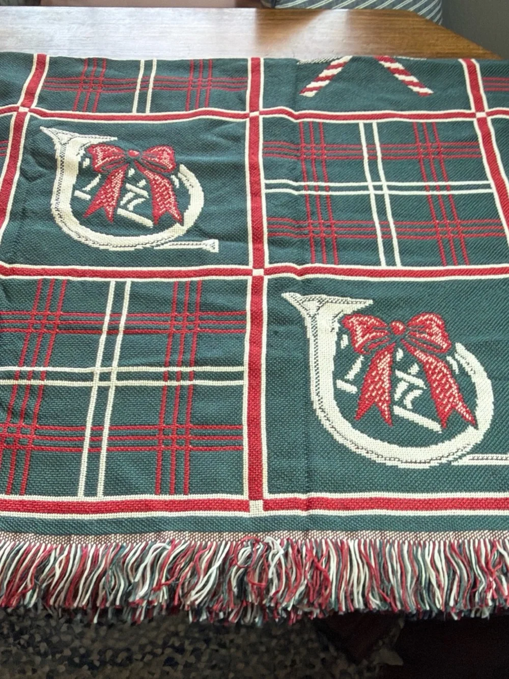 American Weavers Holiday Plaid Throw with Candy Cane & Bow Green, Red, Cream